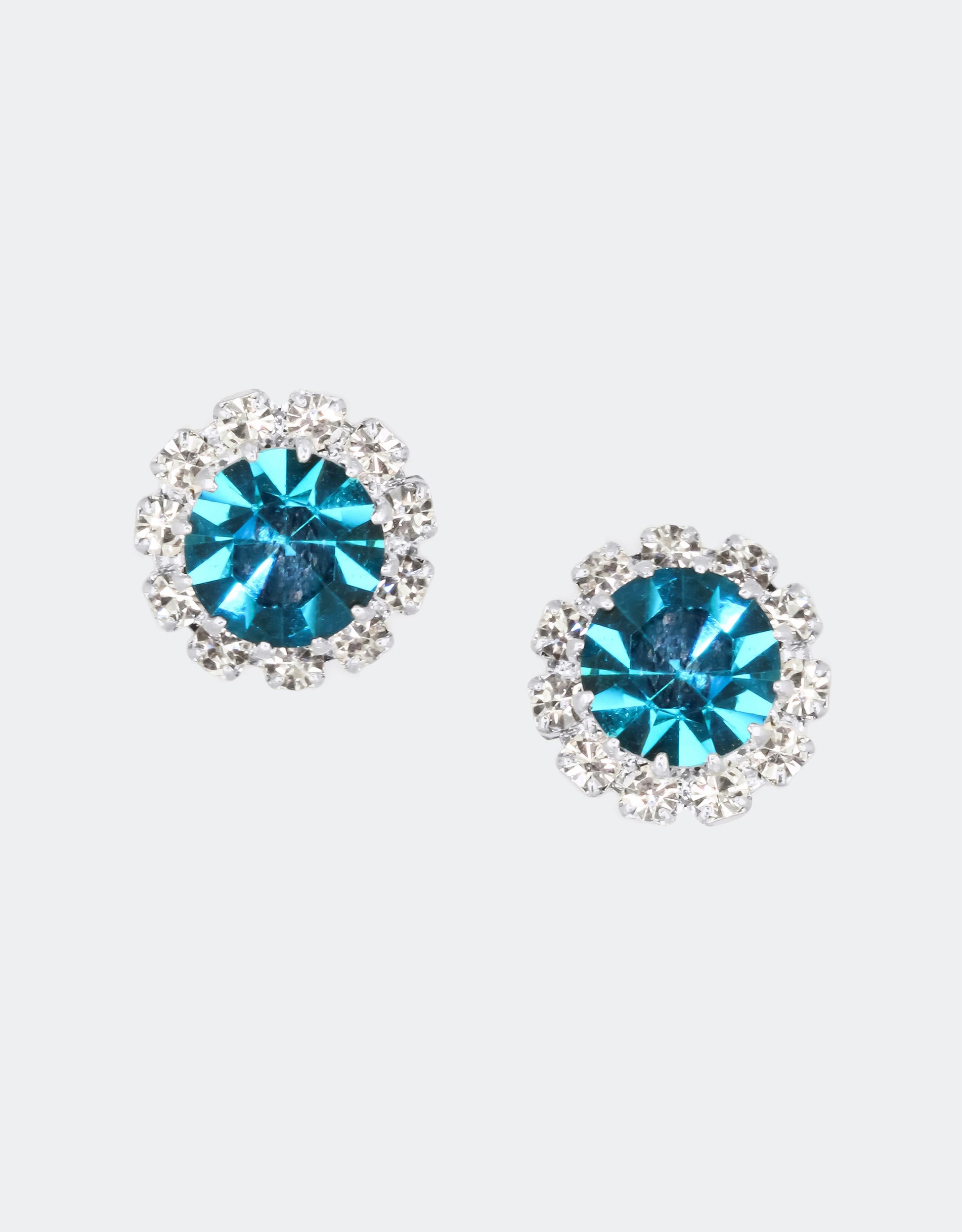 Selene Crystal June Rosetta teal crystal stud earrings with silver setting – beautifully crafted round studs with rich oceanic colour for everyday and occasion wear.