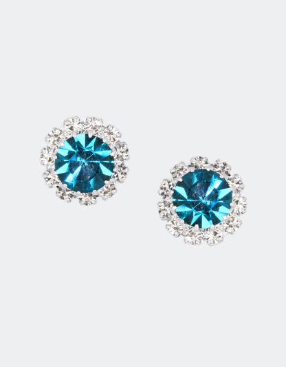 Selene Crystal June Rosetta teal crystal stud earrings with silver setting – beautifully crafted round studs with rich oceanic colour for everyday and occasion wear.