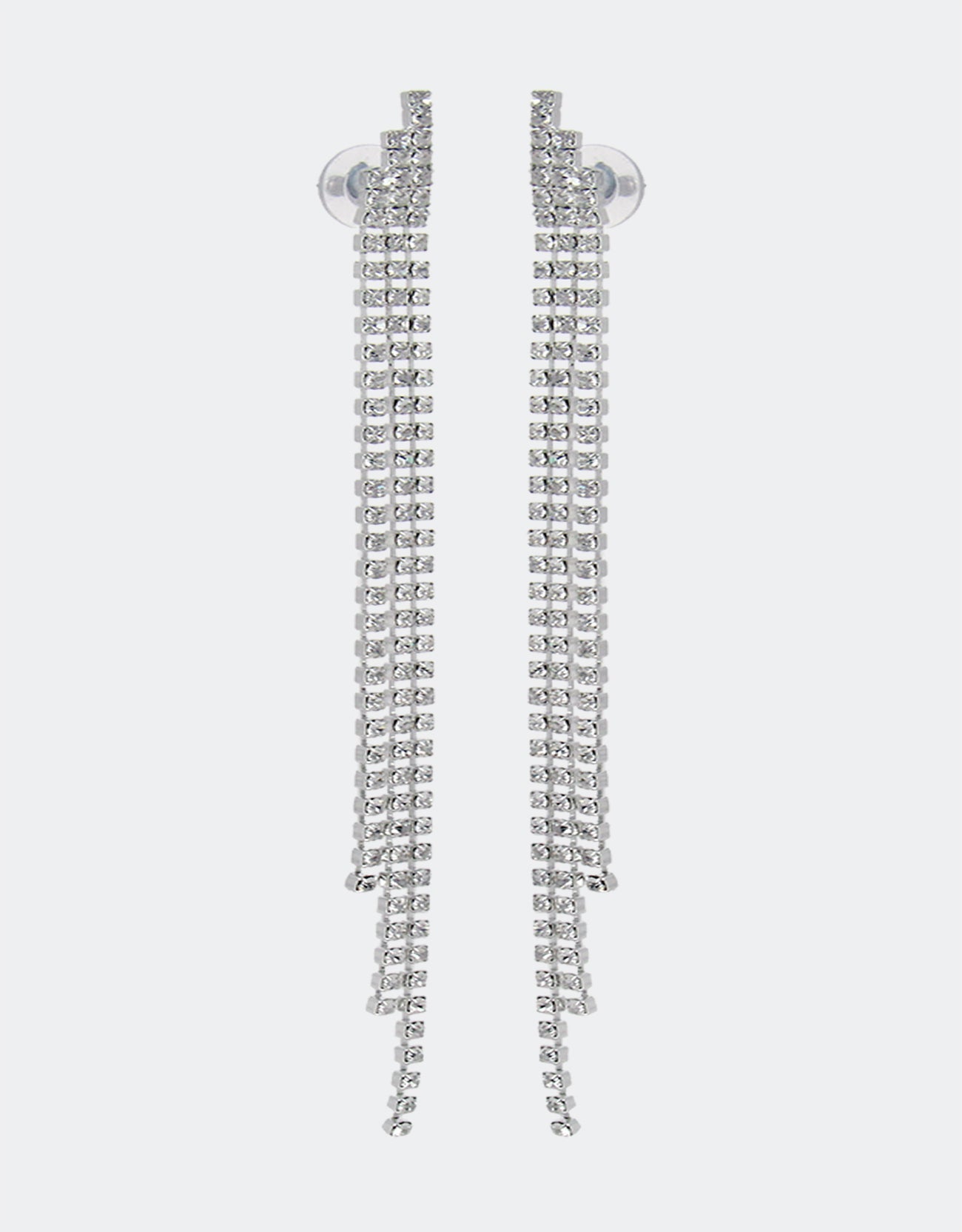 Close-up of Selene Crystal Leah cascading crystal drop earring in silver – 14.5cm statement piece perfect for parties and special occasions across the UK and Europe.