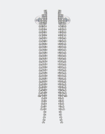 Close-up of Selene Crystal Leah cascading crystal drop earring in silver – 14.5cm statement piece perfect for parties and special occasions across the UK and Europe.