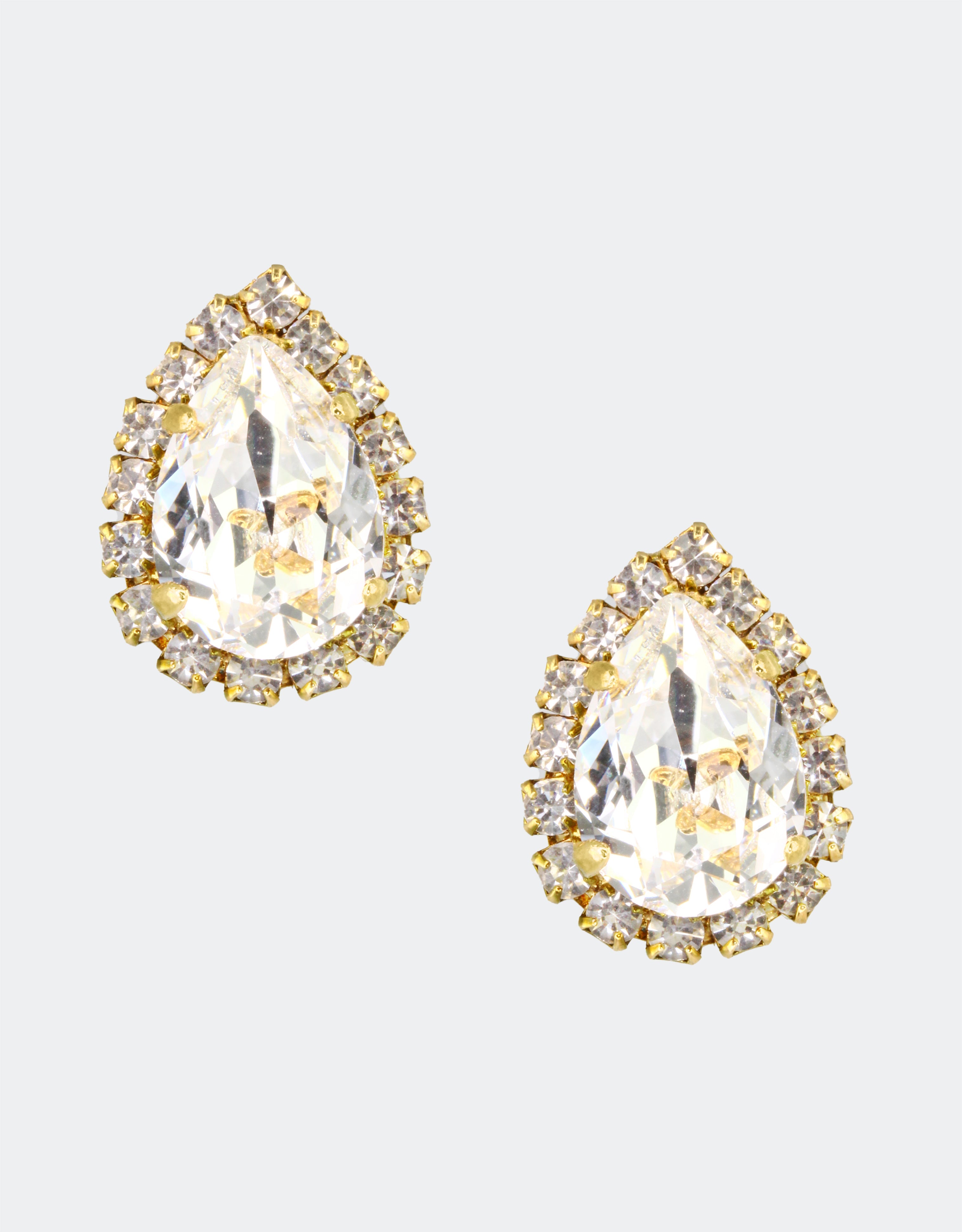 Selene Crystal Lily Pear Rosetta stud earrings in champagne crystal with silver setting – delicate pear-shaped studs with soft golden sparkle for bridal and everyday styling.