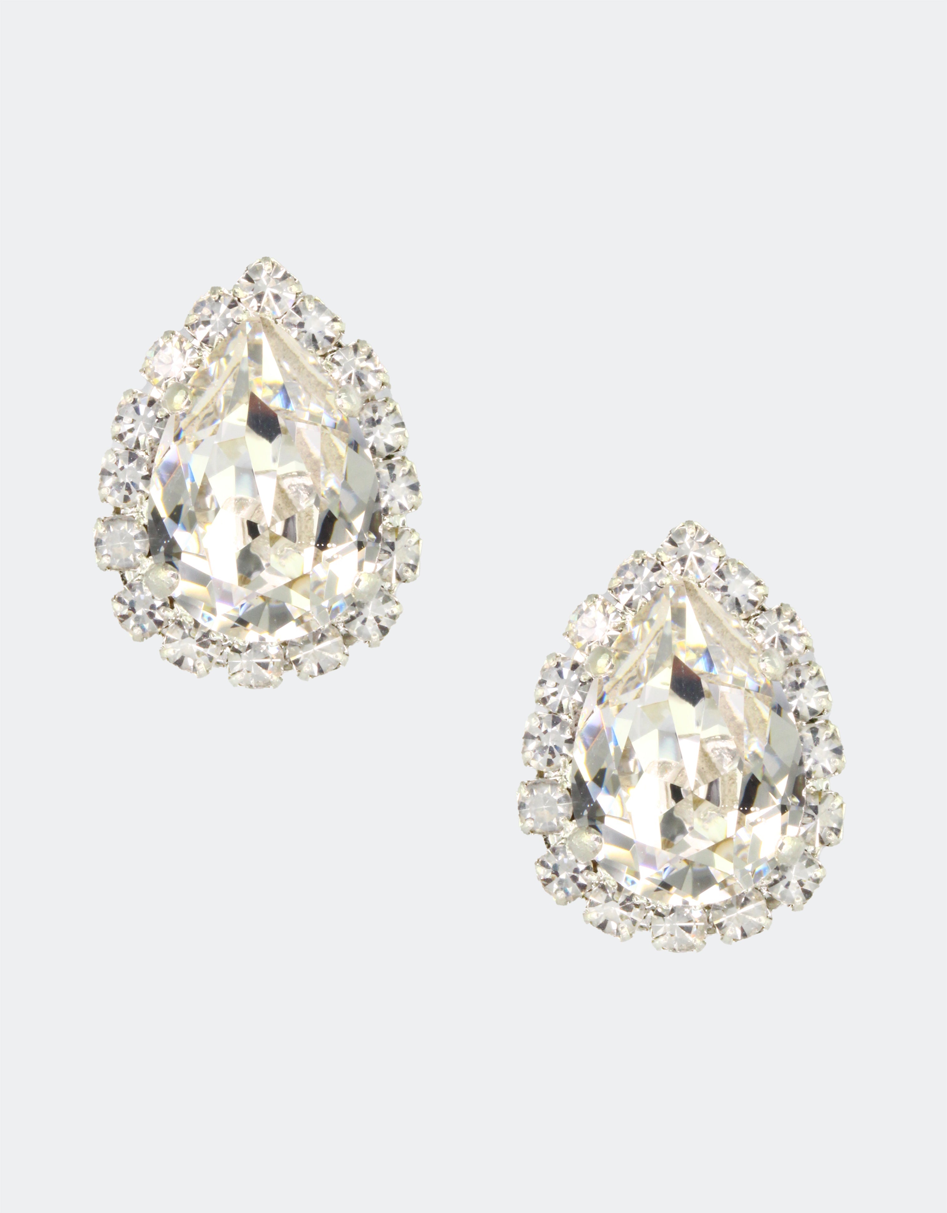 Selene Crystal Lily Pear Rosetta stud earrings in clear crystal with gold setting – timeless handcrafted pear-shaped jewellery with fine crystal halo for weddings and special occasions.
