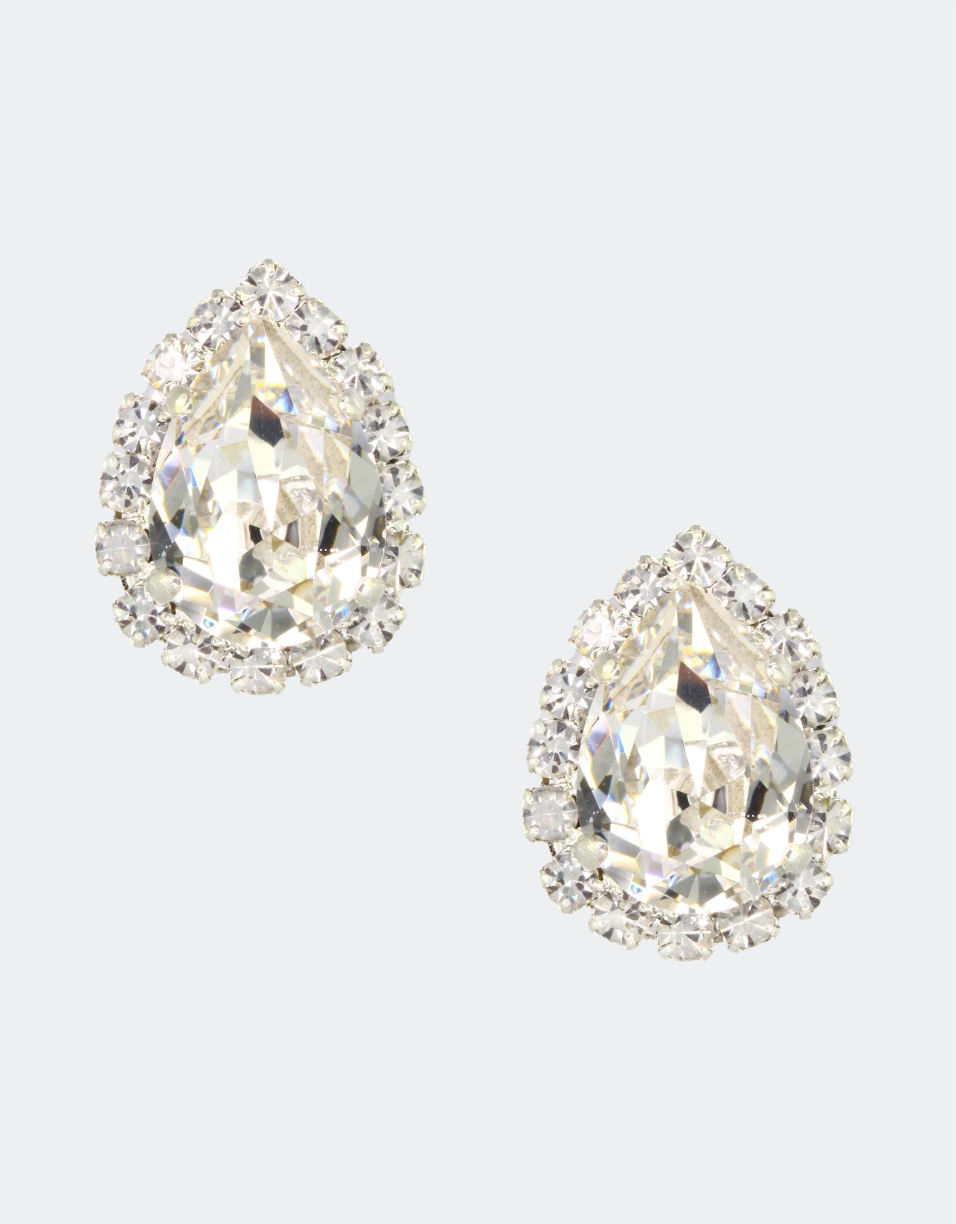 Selene Crystal Lily Pear Rosetta stud earrings in clear crystal with gold setting – timeless handcrafted pear-shaped jewellery with fine crystal halo for weddings and special occasions.

