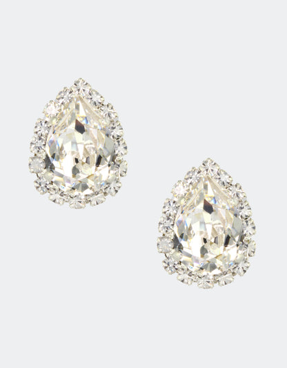 Selene Crystal Lily Pear Rosetta stud earrings in clear crystal with gold setting – timeless handcrafted pear-shaped jewellery with fine crystal halo for weddings and special occasions.
