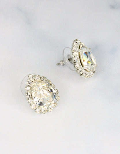 Selene Crystal Lily Pear Rosetta studs in crystal white with silver halo – rich jewel-toned pear-shaped stud earrings with lush brilliant sparkle for evening and occasion wear.