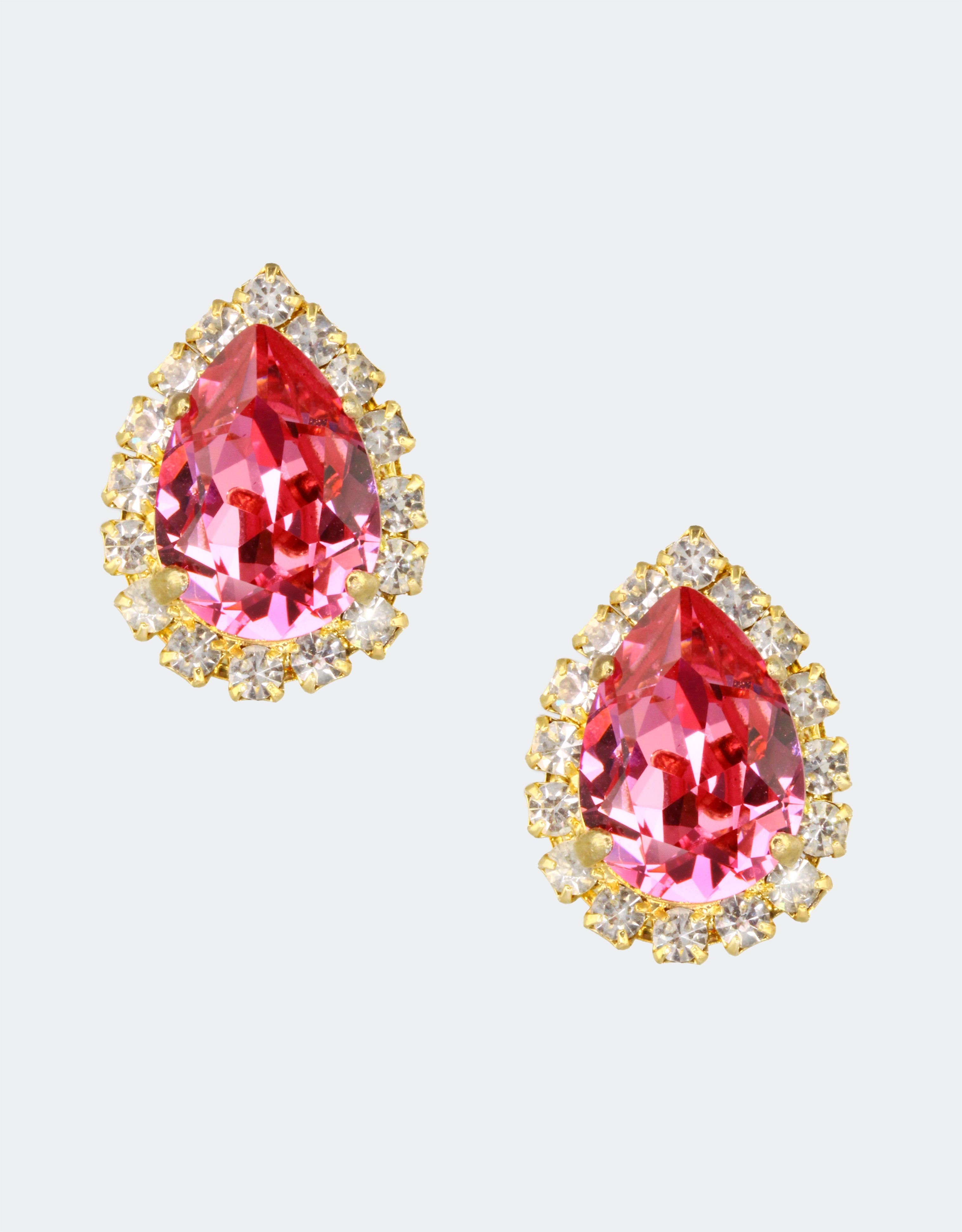 Selene Crystal Lily Pear Rosetta stud earrings in pink crystal with gold setting – handcrafted pear-shaped jewellery with brilliant sparkle for gifting and everyday glamour.