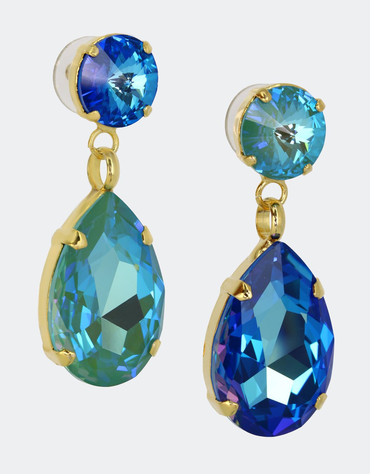 Selene Crystal Paradox Angelina earrings in cobalt blue and teal crystal with silver setting – bold contrasting handcrafted drop earrings with deep jewel tones for special occasions.