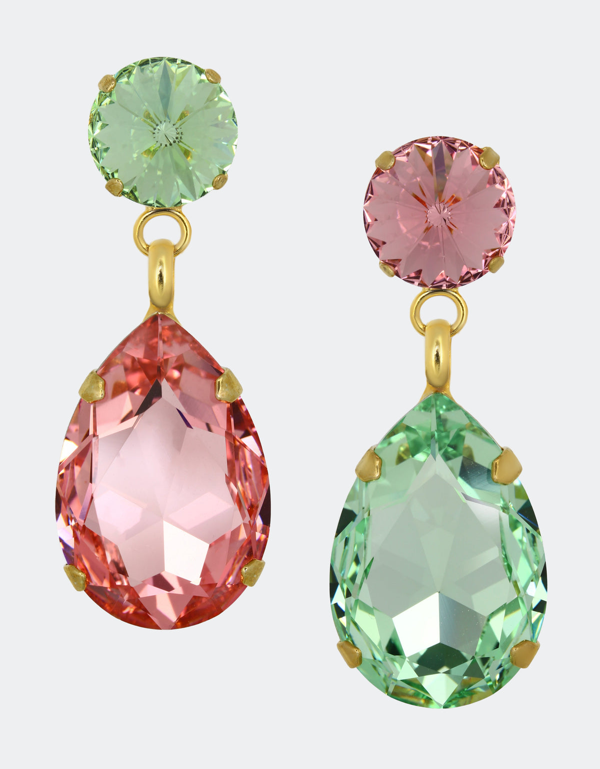 Selene Crystal Paradox Angelina drop earrings in contrasting pink and green crystal with gold setting – bold colour-blocked handcrafted jewellery for weddings, parties and statement occasion styling.