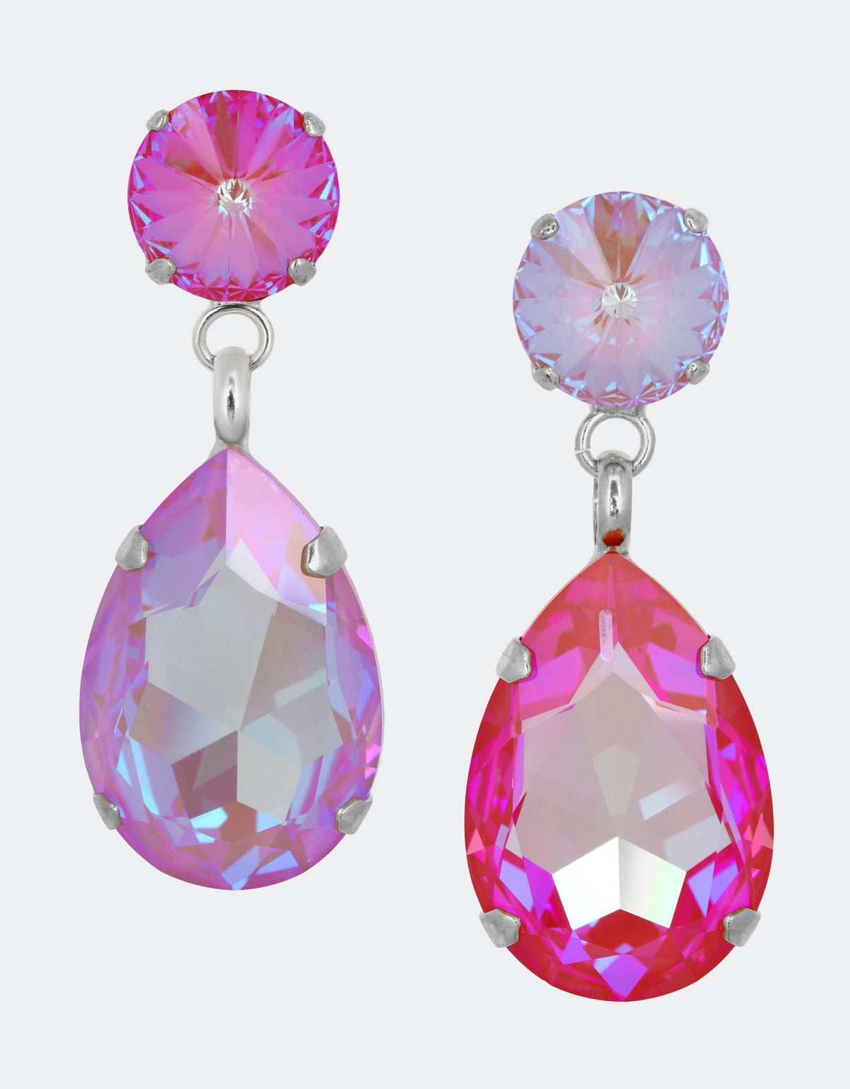 Selene Crystal Paradox Angelina drop earrings in magenta and lilac crystal with silver setting – vivid handcrafted colour-blocked jewellery designed to turn heads at any occasion.