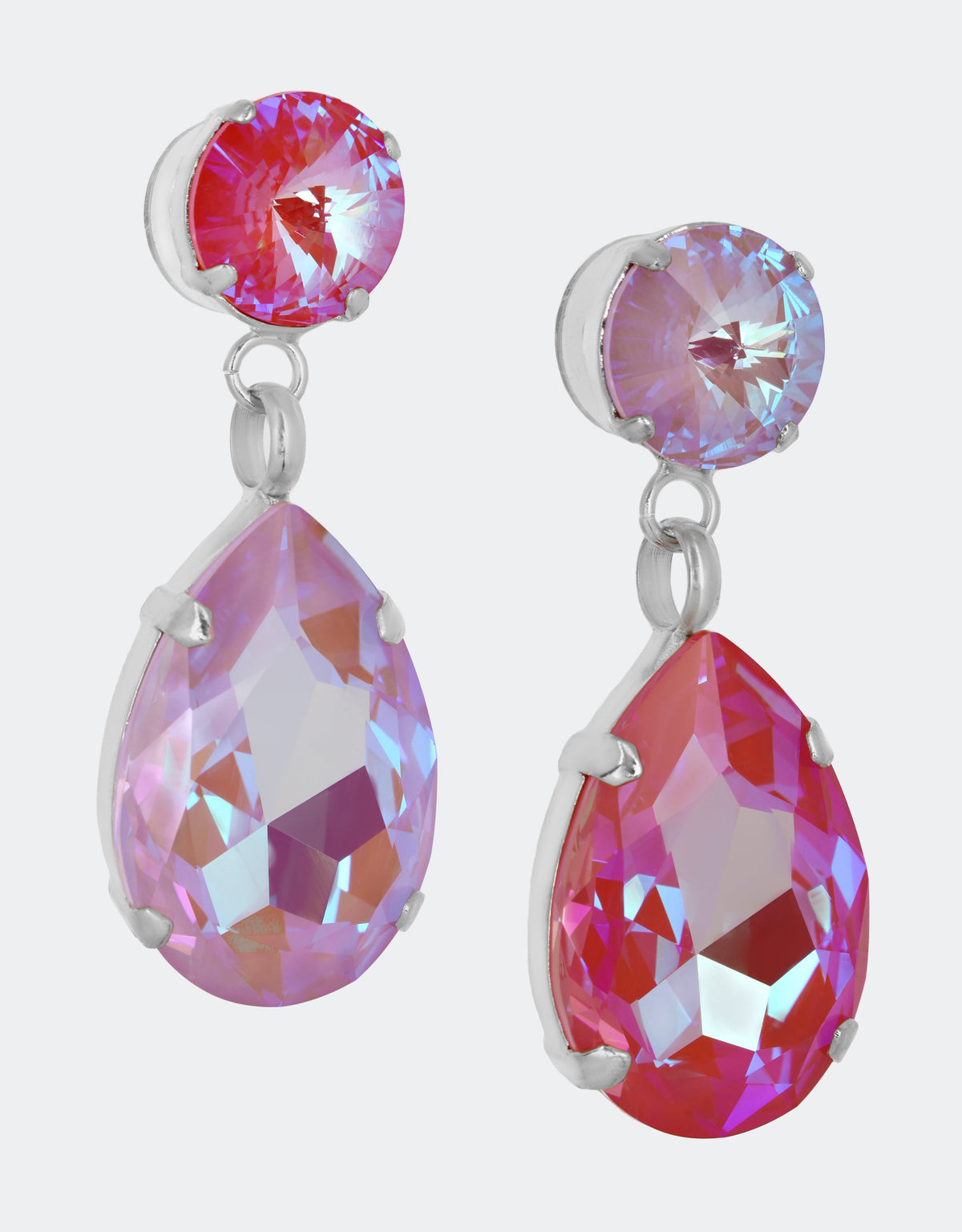 Selene Crystal Paradox Angelina earrings in hot pink teardrop and mauve round crystal – handcrafted statement jewellery with superb colour combinations for evening and occasion wear.