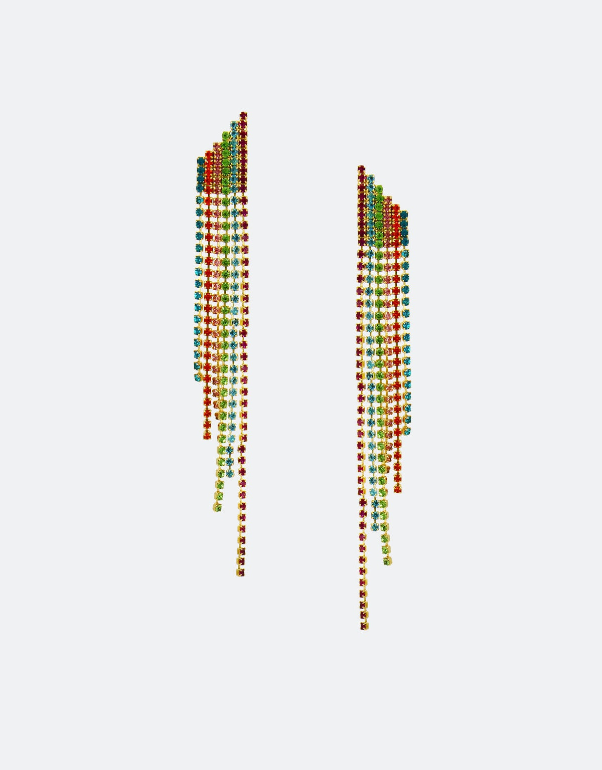 Angled view of Selene Crystal Reese gold crystal drop earrings – elegant handmade jewellery with striking shimmer, ideal for refined glamour and evening styling.