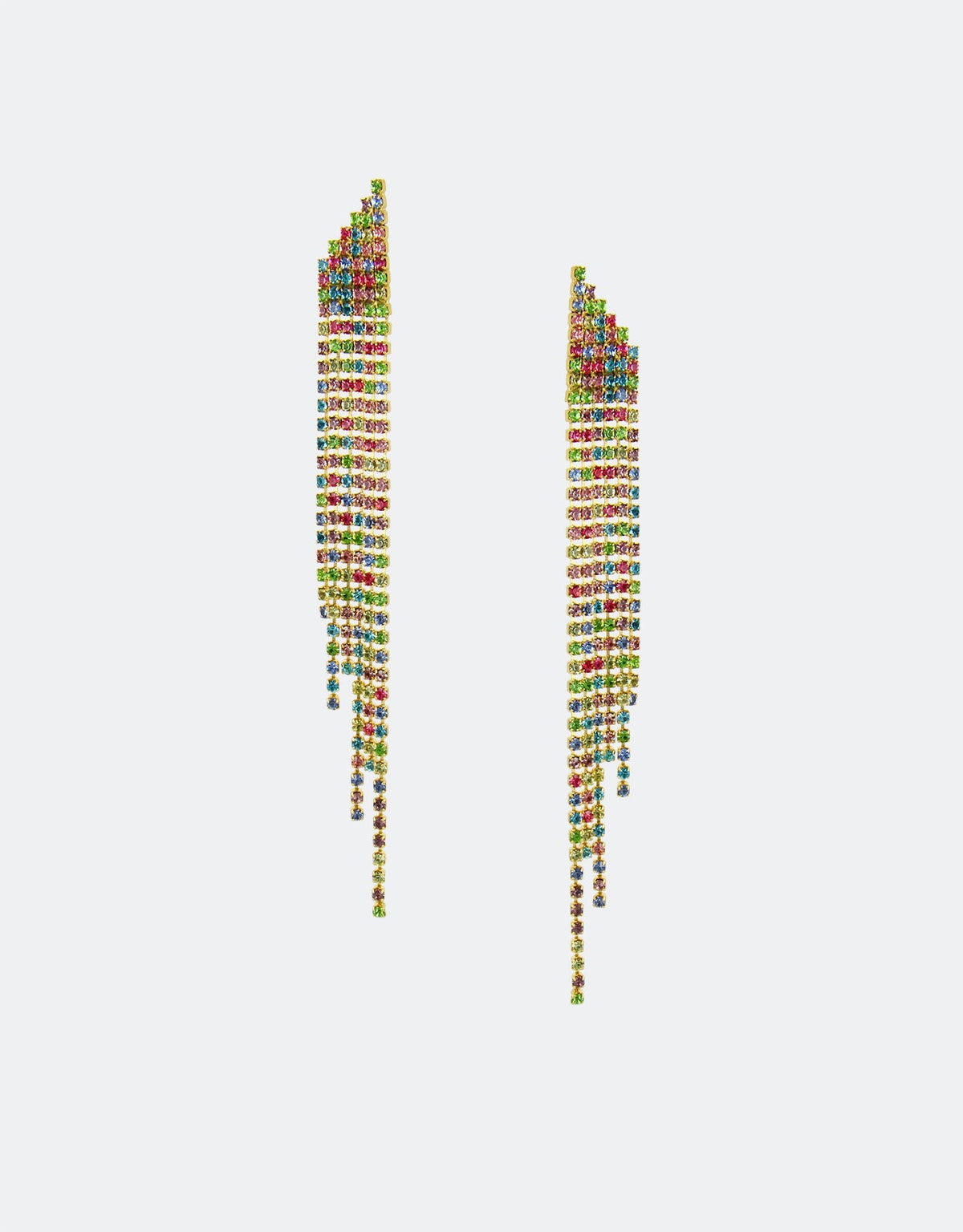Selene Crystal Reese drop earrings shown in gold and silver – handmade cascading crystal earrings available in two finishes, perfect for weddings and evening events in the UK and Europe.