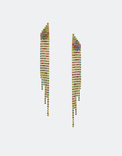 Selene Crystal Reese drop earrings shown in gold and silver – handmade cascading crystal earrings available in two finishes, perfect for weddings and evening events in the UK and Europe.