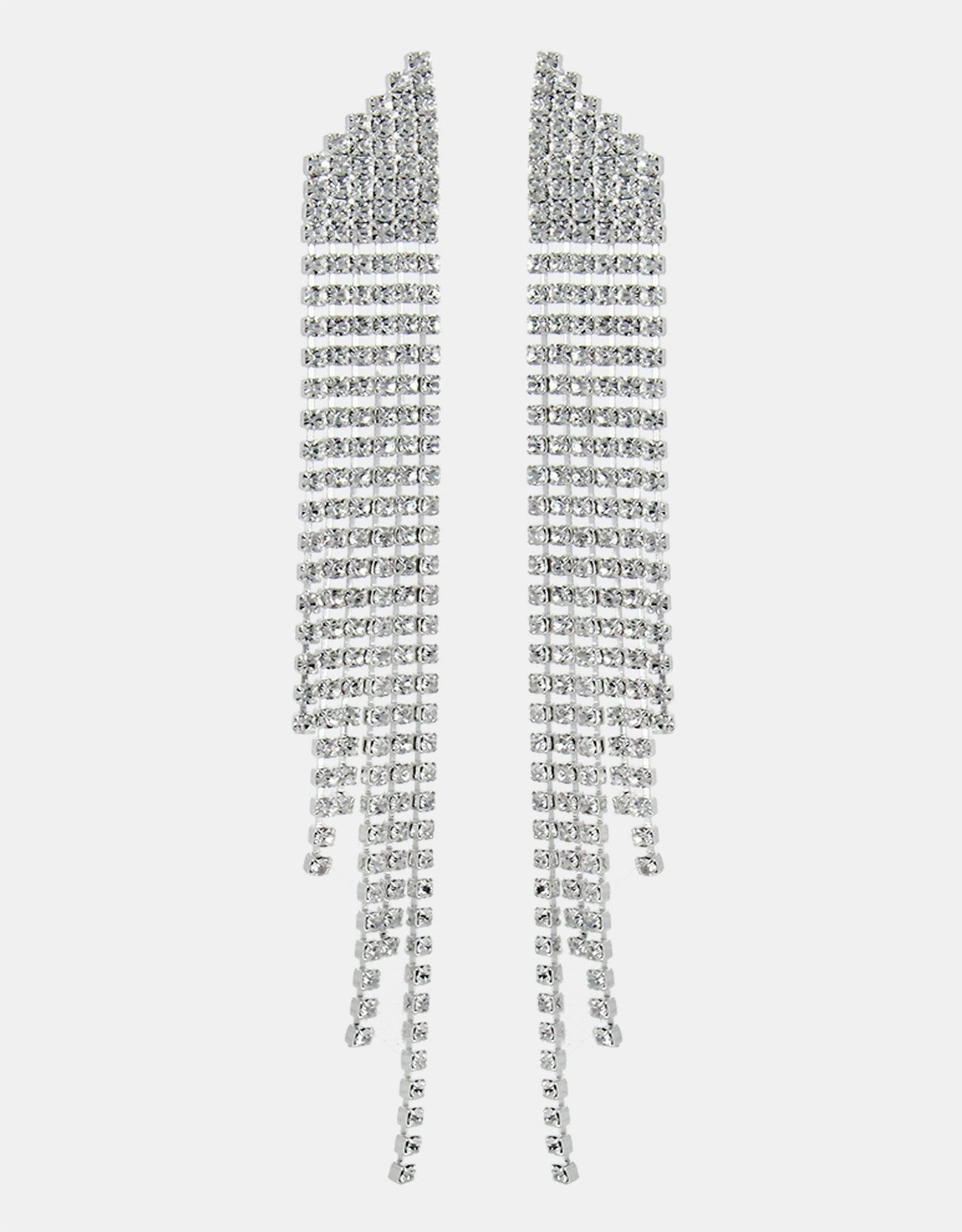 Close-up of Selene Crystal Reese silver cascading crystal earrings – 14.5cm handmade drop earrings, perfect for special occasions and evening wear.