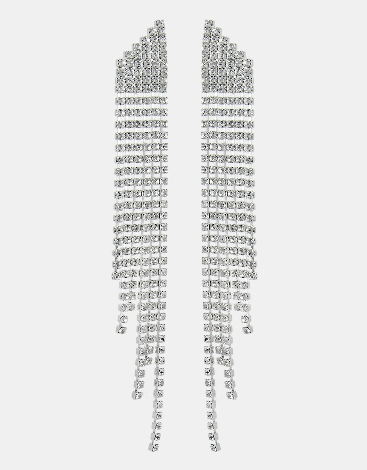 Close-up of Selene Crystal Reese silver cascading crystal earrings – 14.5cm handmade drop earrings, perfect for special occasions and evening wear.