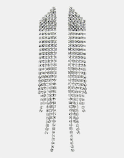 Close-up of Selene Crystal Reese silver cascading crystal earrings – 14.5cm handmade drop earrings, perfect for special occasions and evening wear.