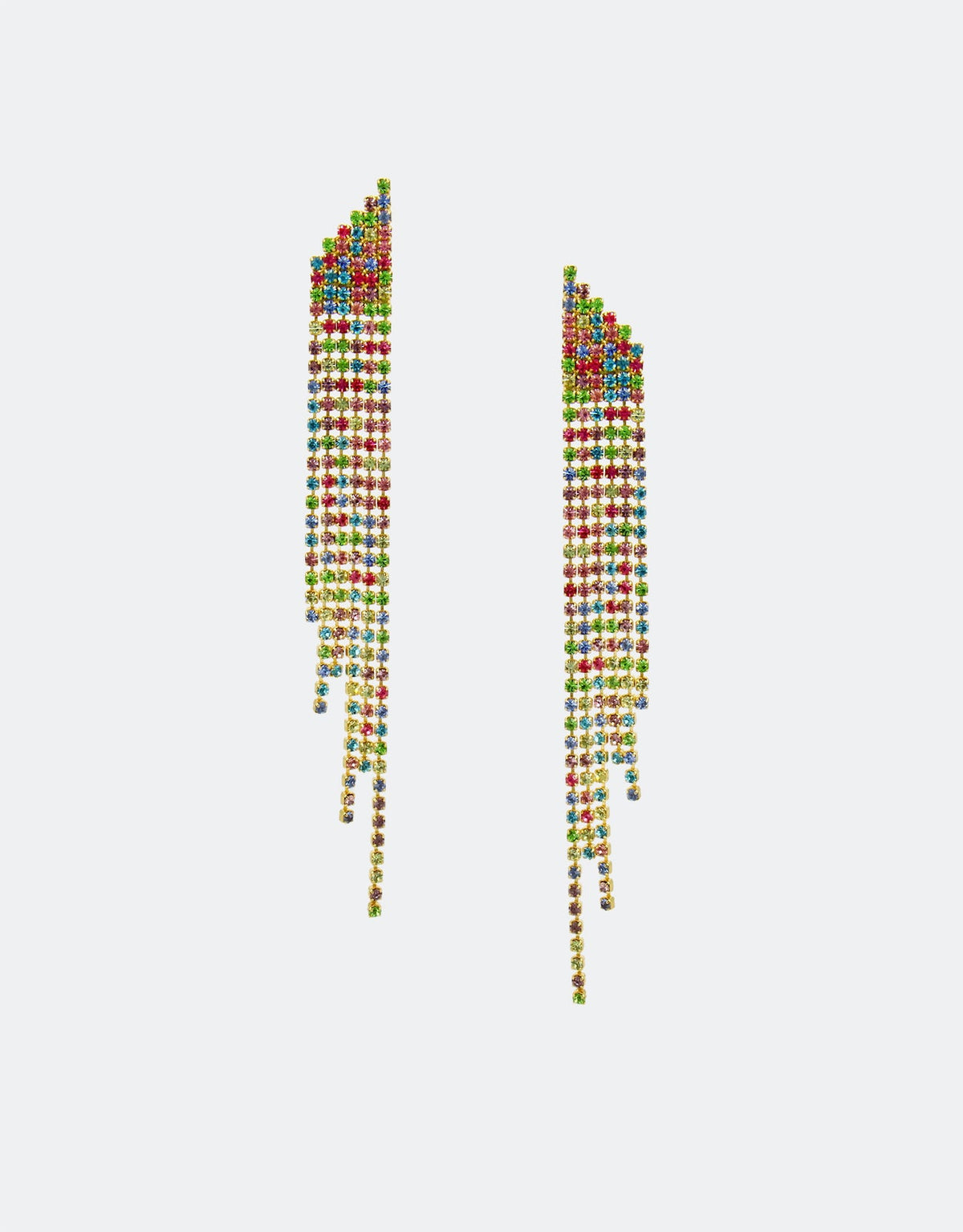 Detail shot of Selene Crystal Reese gold drop earrings – 14.5cm handmade crystal jewellery with free-flowing shimmer, designed for statement evening looks.