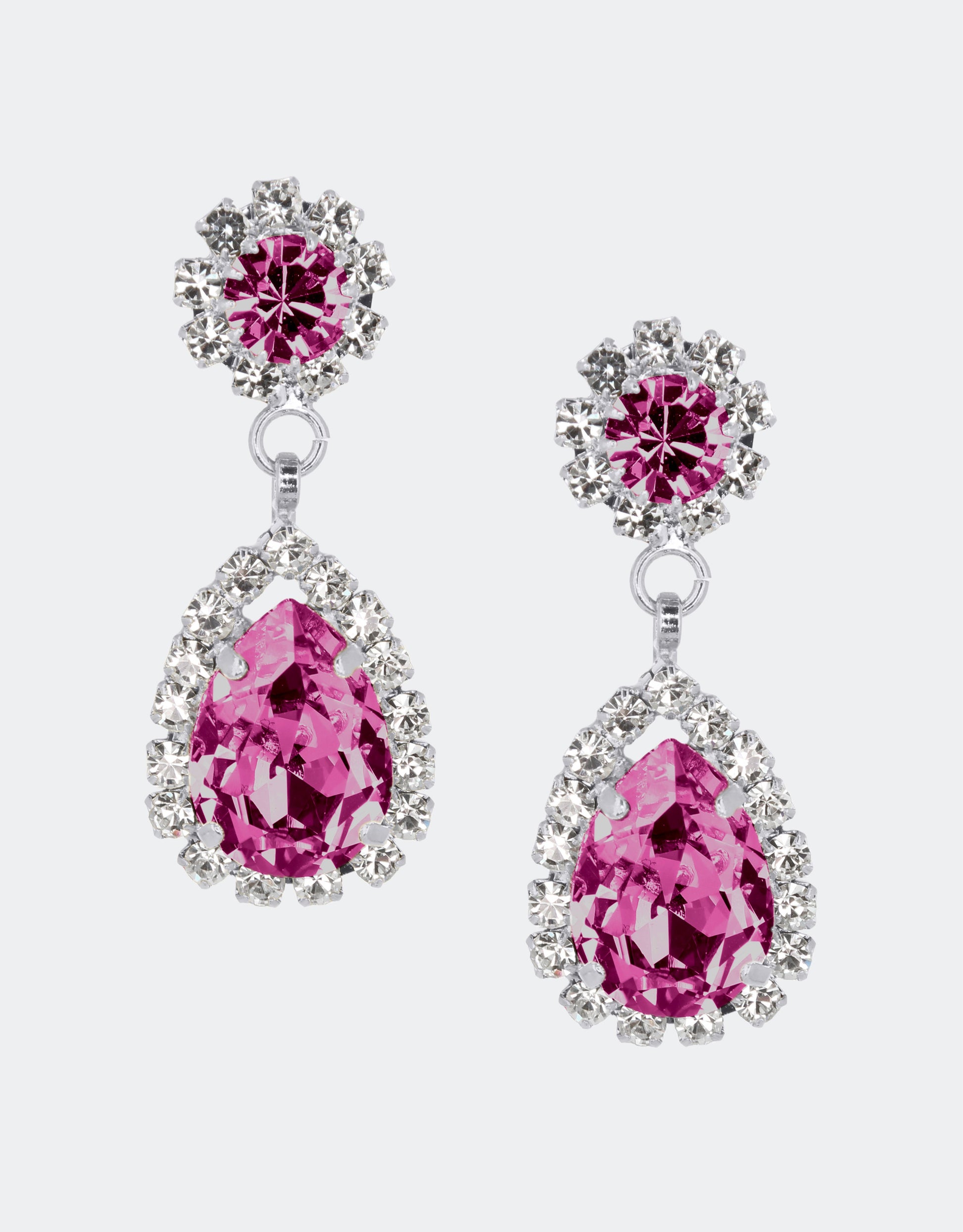 Selene Crystal Rosa drop earrings in deep red crystal and silver – round and pear-shaped design with dramatic colour and refined sparkle for any special occasion.