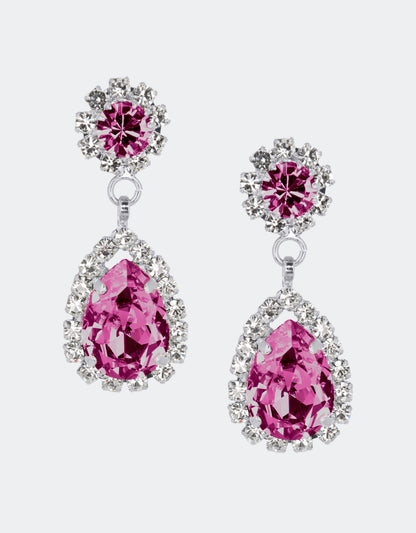 Selene Crystal Rosa drop earrings in deep red crystal and silver – round and pear-shaped design with dramatic colour and refined sparkle for any special occasion.