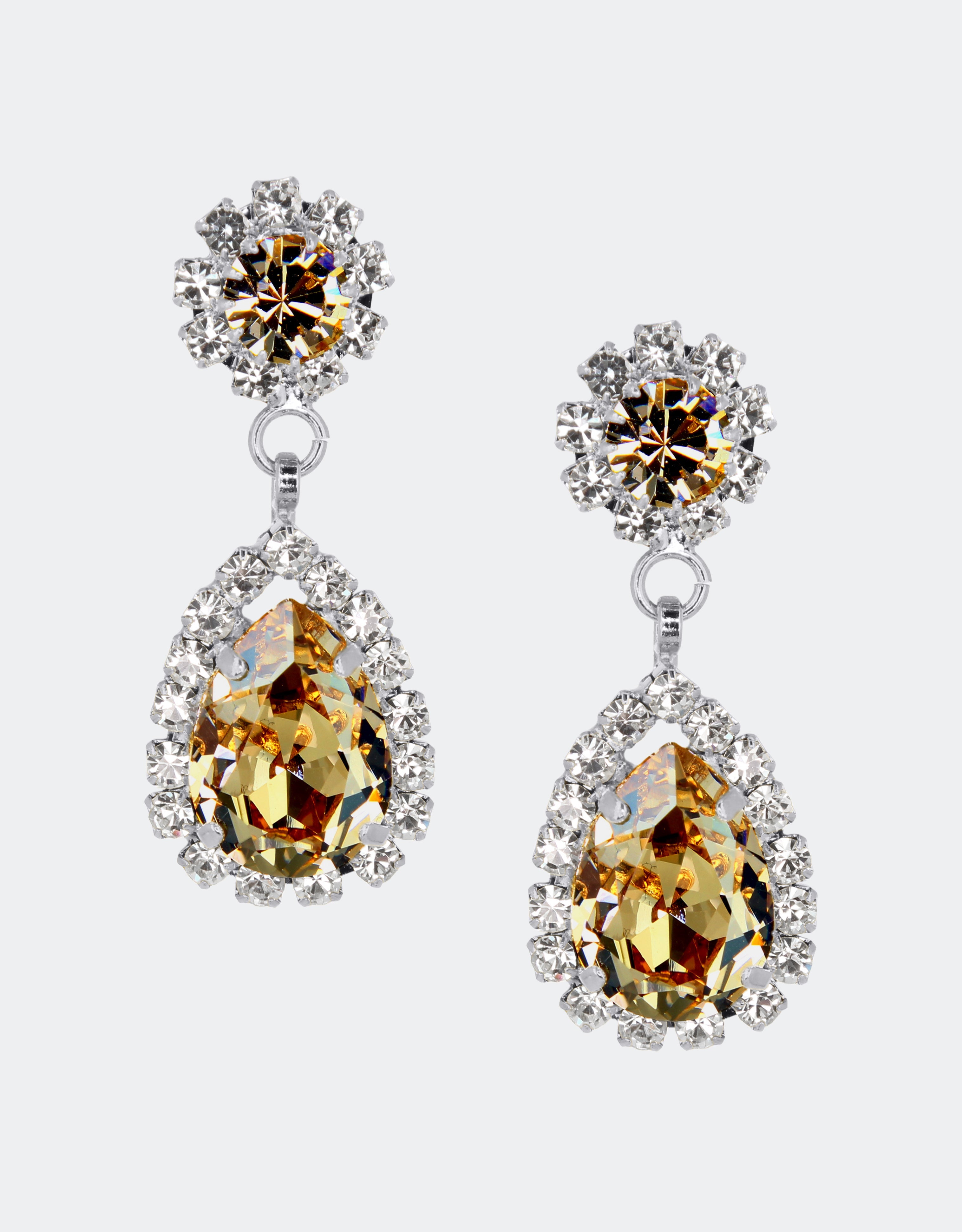 Selene Crystal Rosa drop earrings in deep topaz yellow and crystal – round and pear-shaped design with a striking green sparkle that adds dramatic glamour to any outfit.