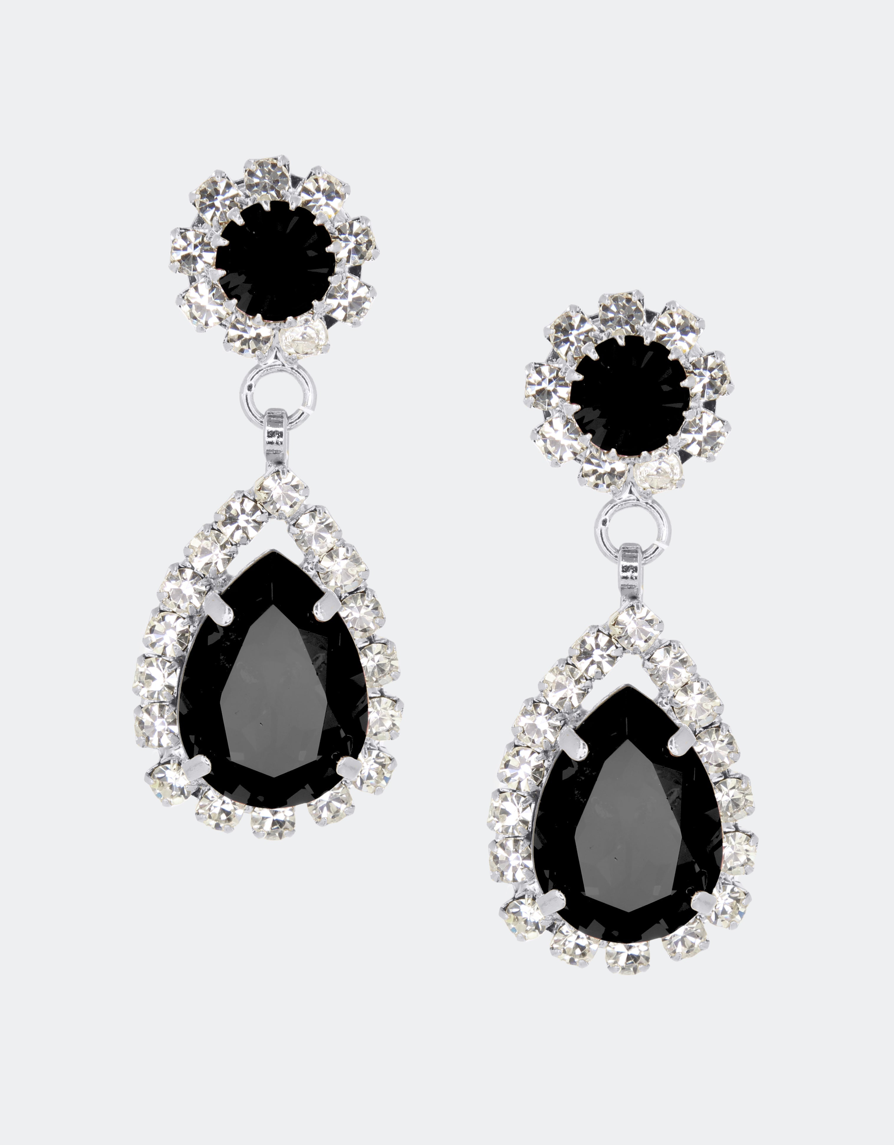 Selene Crystal Rosa drop earrings in black crystal with gold setting – sharp pear-shaped handcrafted jewellery with understated glamour for weddings and events.