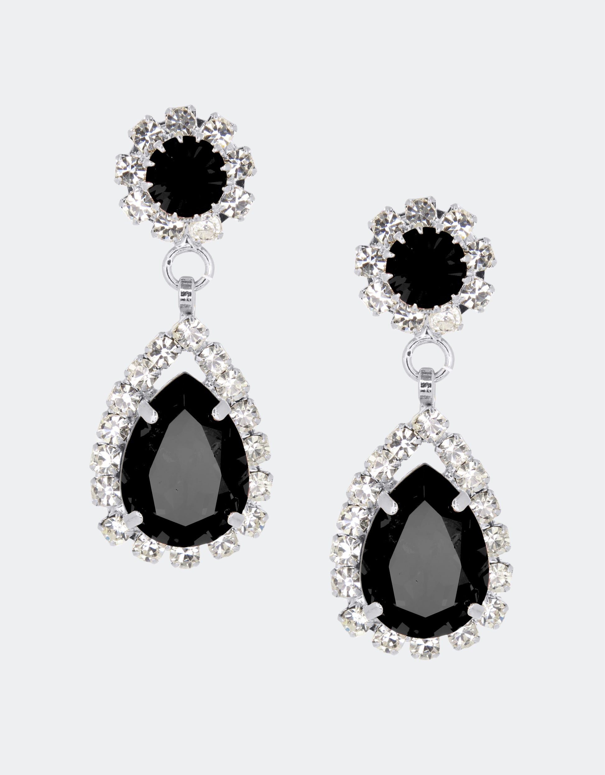Selene Crystal Rosa drop earrings in black crystal with gold setting – sharp pear-shaped handcrafted jewellery with understated glamour for weddings and events.