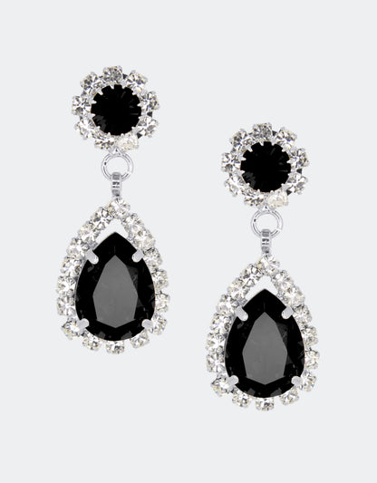Selene Crystal Rosa drop earrings in black crystal with gold setting – sharp pear-shaped handcrafted jewellery with understated glamour for weddings and events.