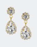 Selene Crystal Rosa drop earrings in clear crystal with gold setting – round and pear-shaped crystals framed by delicate accents for refined glamour at any special occasion. Free worldwide shipping on orders over £199.