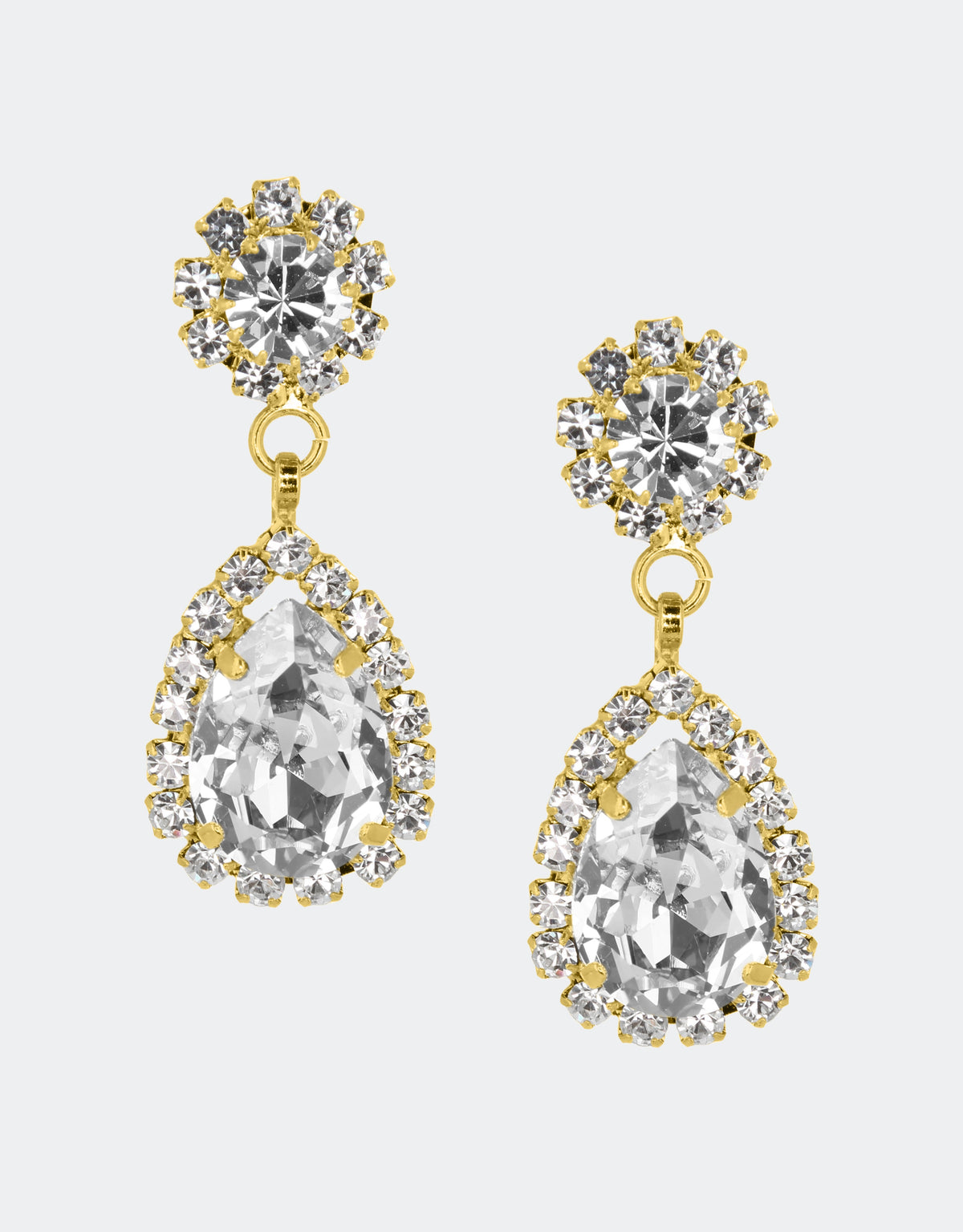 Selene Crystal Rosa drop earrings in clear crystal with gold setting – round and pear-shaped crystals framed by delicate accents for refined glamour at any special occasion. Free worldwide shipping on orders over £199.