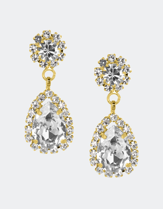Selene Crystal Rosa drop earrings in clear crystal with gold setting – round and pear-shaped crystals framed by delicate accents for refined glamour at any special occasion. Free worldwide shipping on orders over £199.