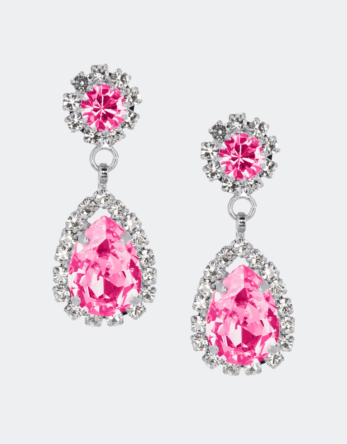 Selene Crystal Rosa drop earrings in coral pink crystal with silver setting – warm-toned pear-shaped handcrafted earrings with vibrant feminine sparkle for celebrations and occasion wear.