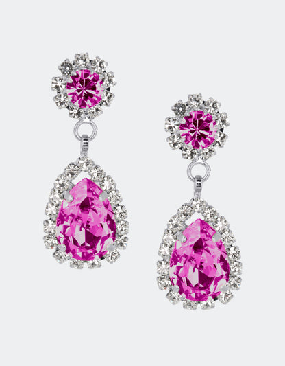 Selene Crystal Rosa drop earrings in fuchsia crystal with gold setting – rich jewel-toned pear-shaped handcrafted earrings with dramatic sparkle for evening and special occasions. Free worldwide shipping on orders over £199.