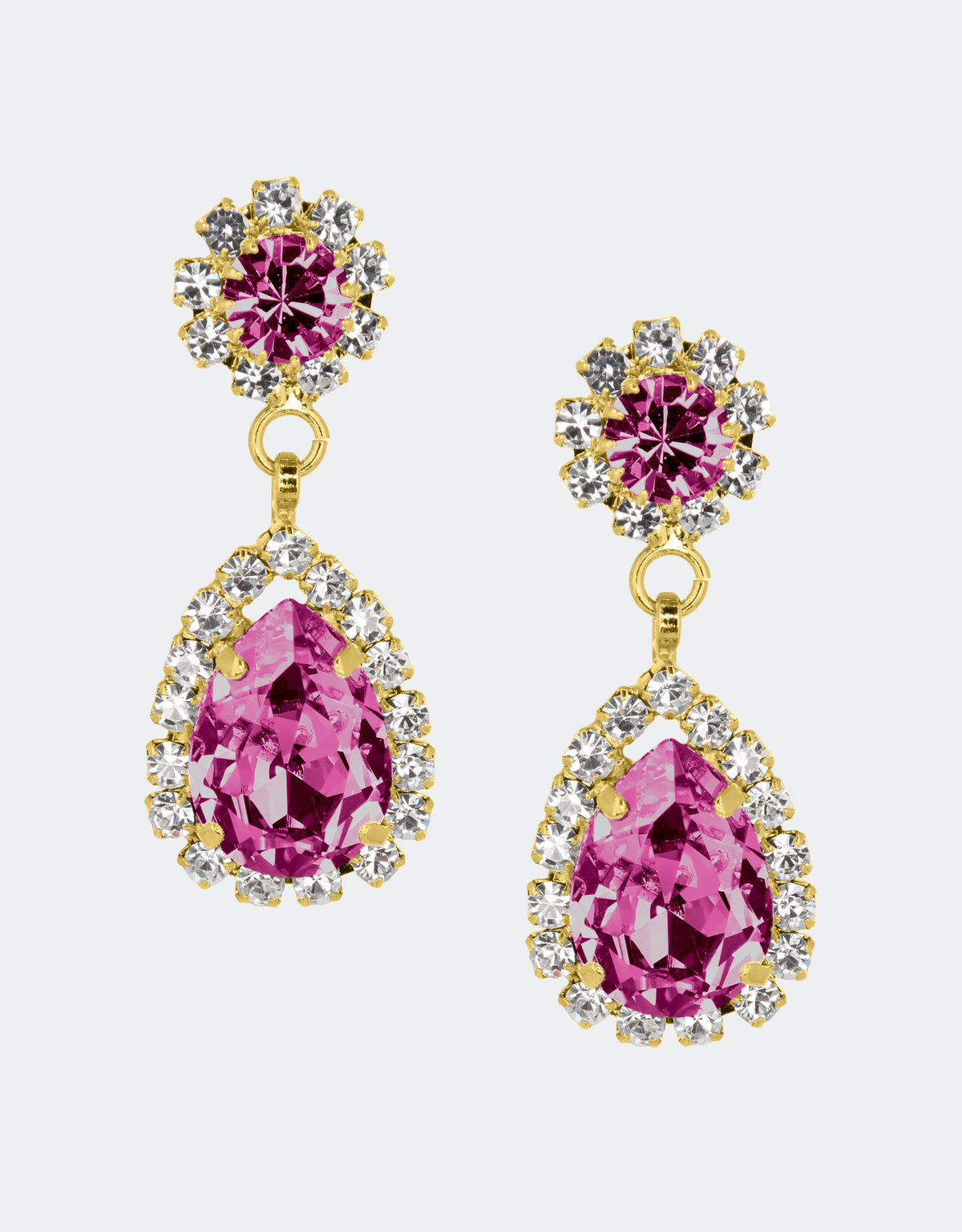 Selene Crystal Rosa drop earrings in hot pink crystal with silver setting – vibrant pear-shaped handcrafted earrings that add bold feminine glamour to any outfit.