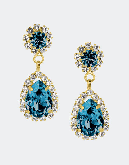 Selene Crystal Rosa drop earrings in sapphire blue crystal with gold setting – deep jewel-toned pear-shaped handcrafted earrings with brilliant sparkle for weddings and evening events.

