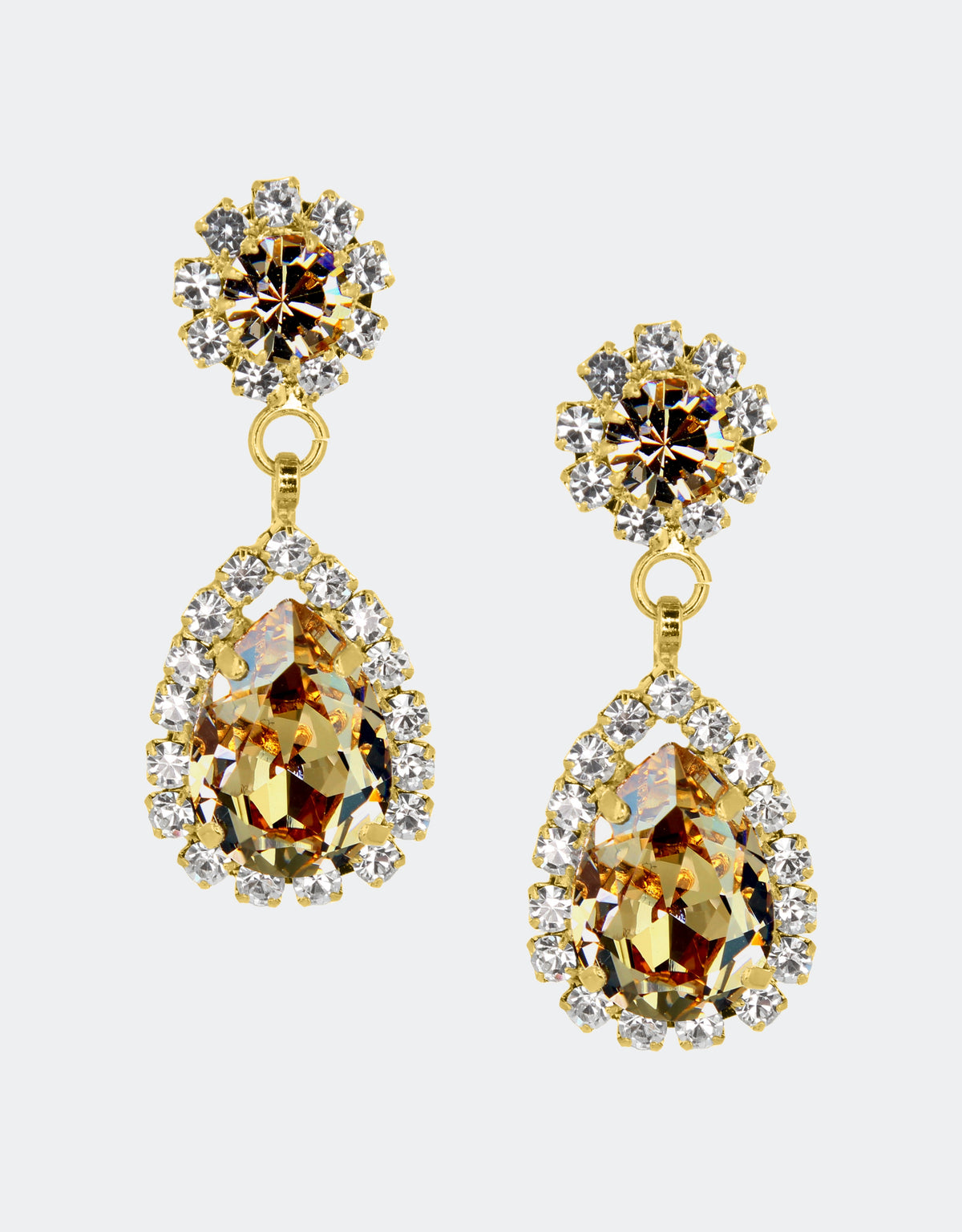 Selene Crystal Rosa drop earrings in yellow topaz crystal with silver setting – handcrafted pear-shaped jewellery with bold feminine sparkle perfect for parties and celebrations.