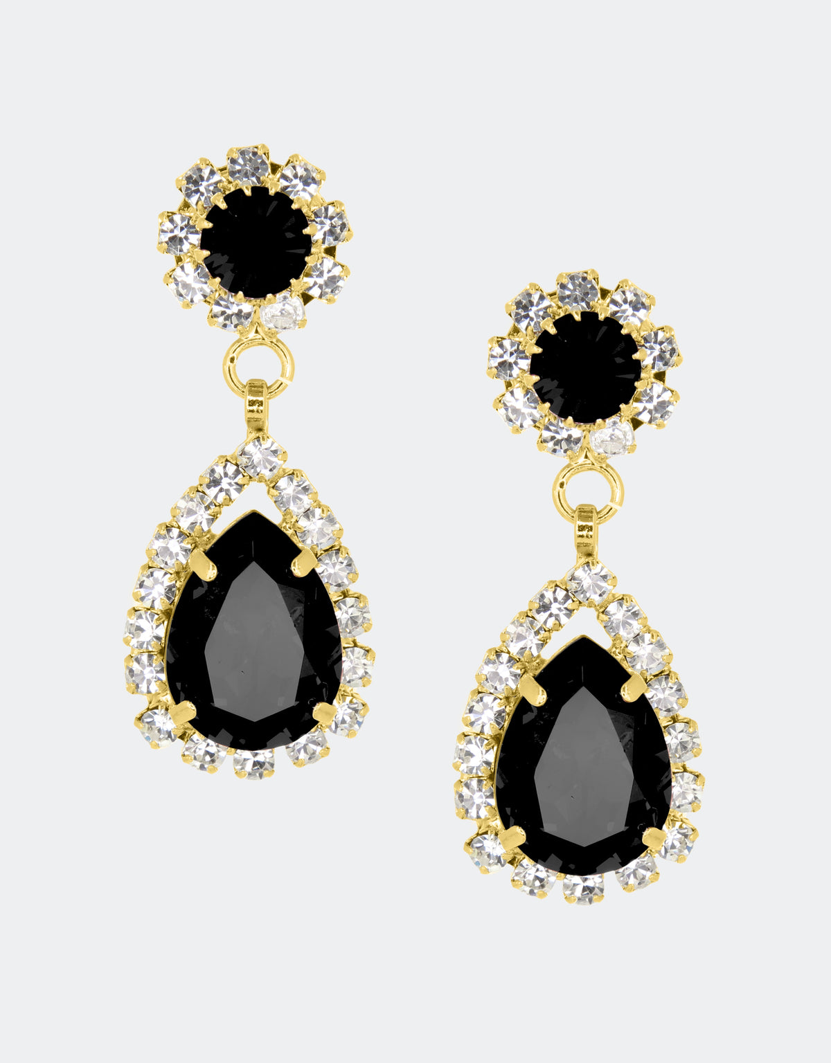 Selene Crystal Rosa pear drop earrings in black crystal with gold setting – vivid handcrafted jewellery with a dramatic sparkling effect that elevates any special occasion look. Free worldwide shipping on orders over £199.