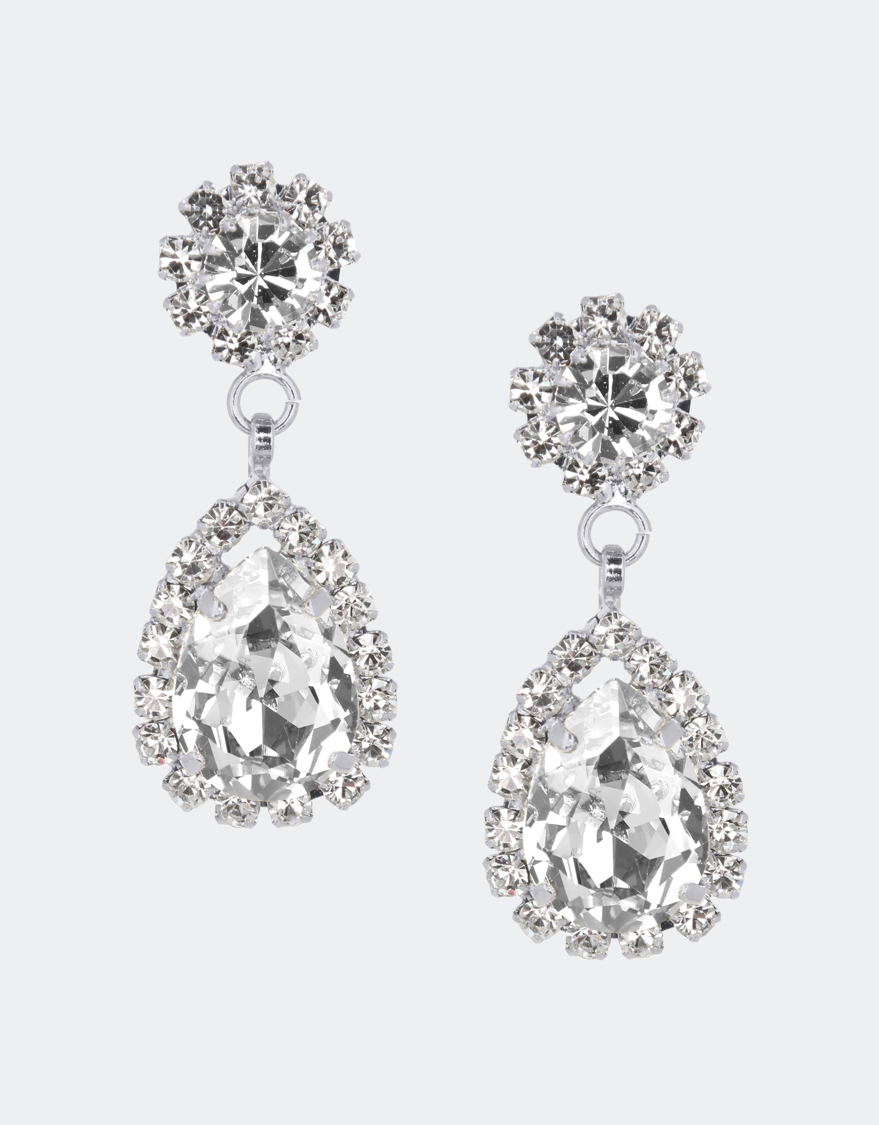 Selene Crystal Rosa pear-shaped drop earrings in clear crystal with silver setting – elegant handcrafted jewellery with striking sparkle for weddings and occasion wear.