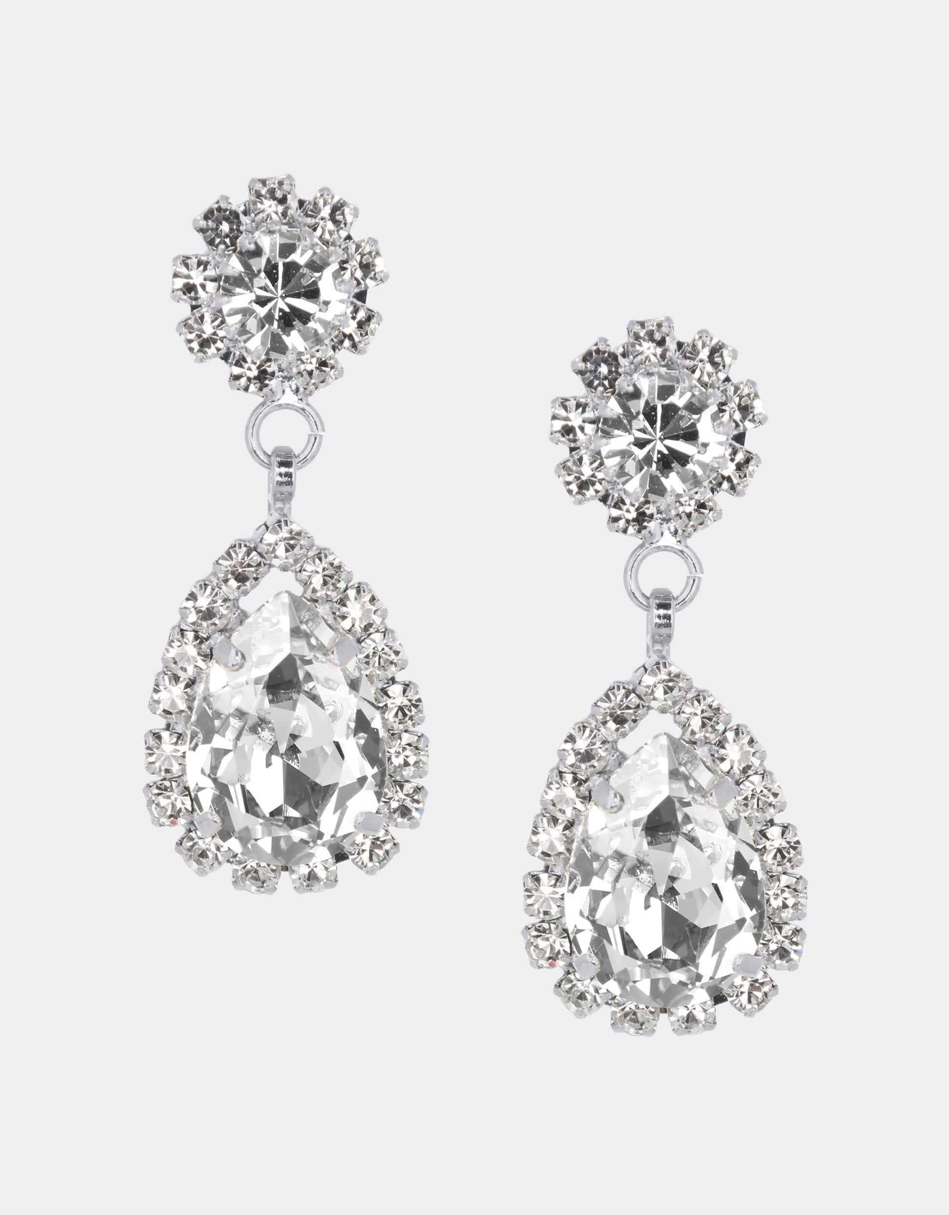 Selene Crystal Rosa pear-shaped drop earrings in clear crystal with silver setting – elegant handcrafted jewellery with striking sparkle for weddings and occasion wear.