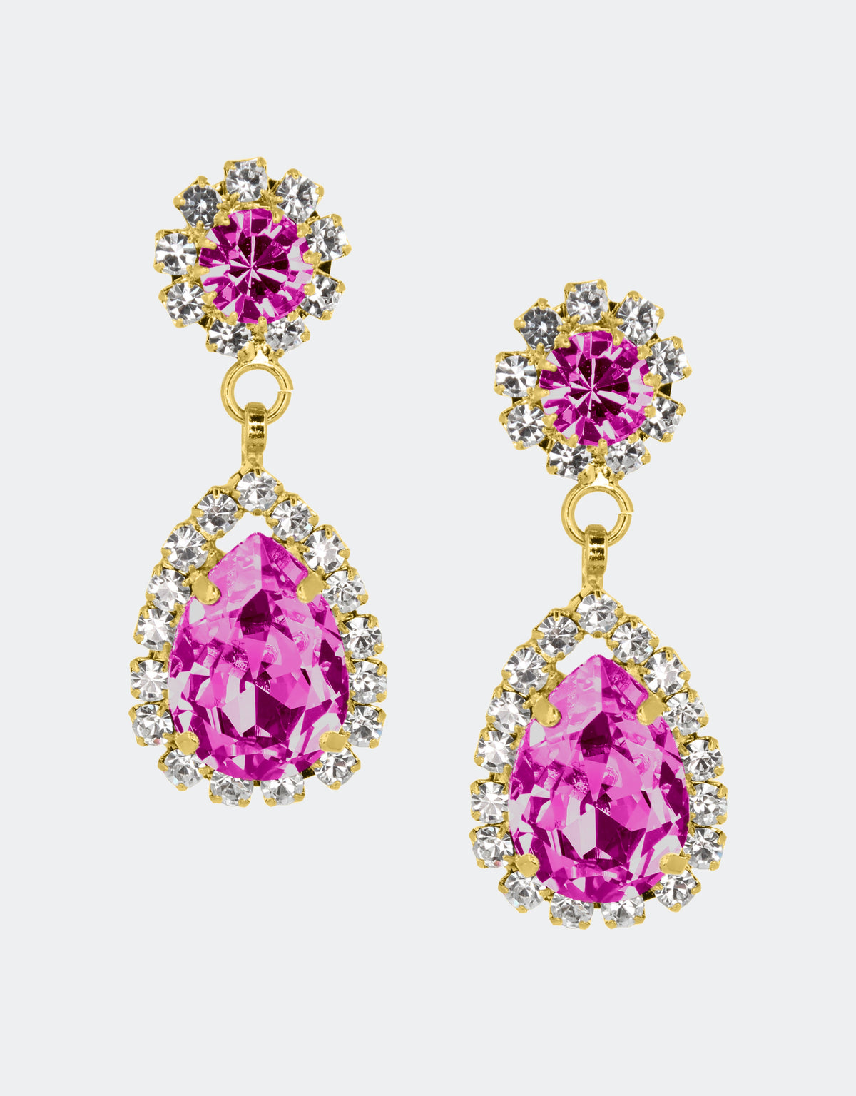 Selene Crystal Rosa pear drop earrings in fuchsia crystal with gold & silver setting – deep lush-toned handcrafted jewellery with brilliant sparkle for refined occasion styling.