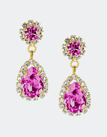 Selene Crystal Rosa pear drop earrings in fuchsia crystal with gold & silver setting – deep lush-toned handcrafted jewellery with brilliant sparkle for refined occasion styling.