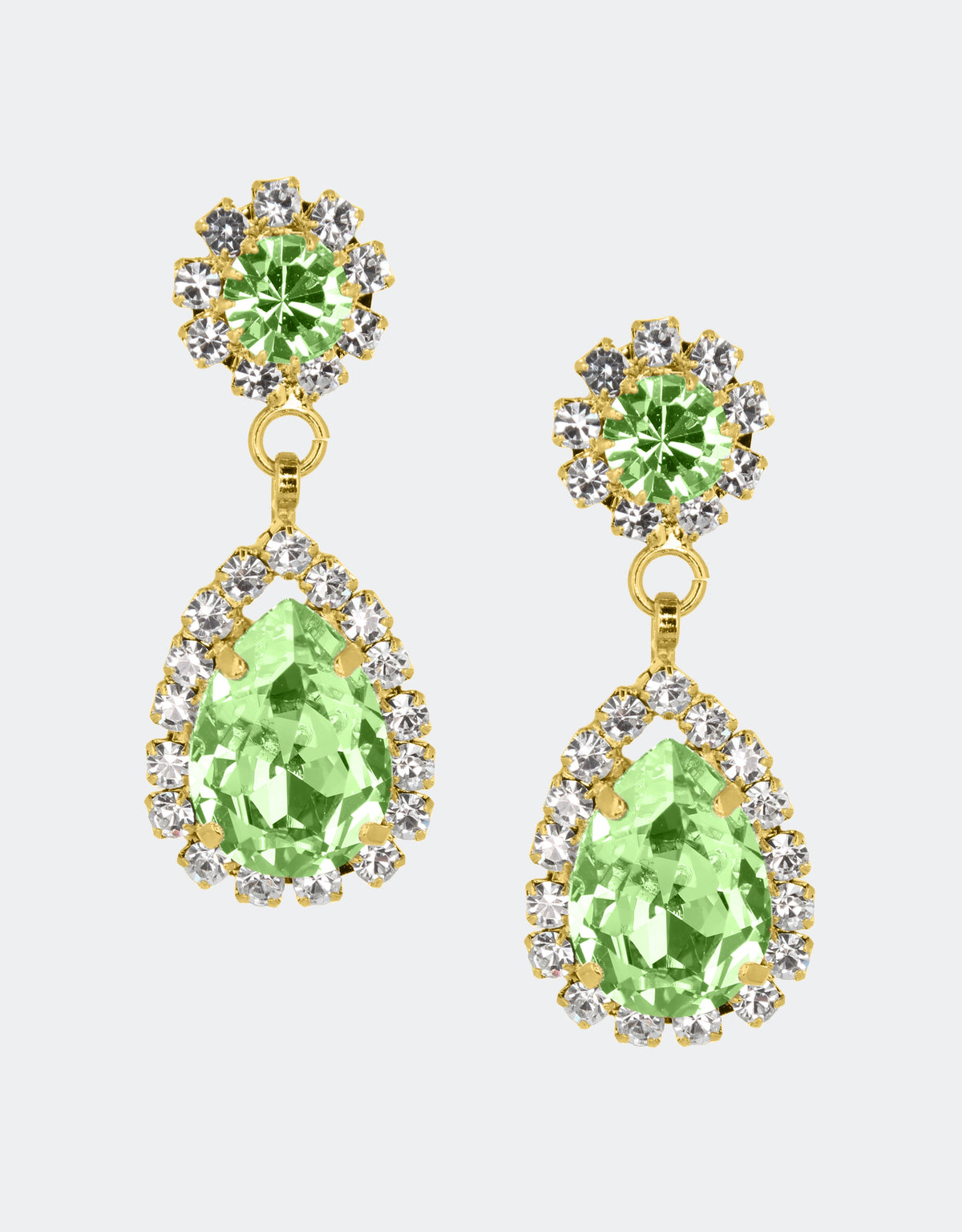 Selene Crystal Rosa pear drop earrings in grey crystal with silver setting – understated handcrafted sparkle with a refined smoky finish for versatile everyday and evening styling.