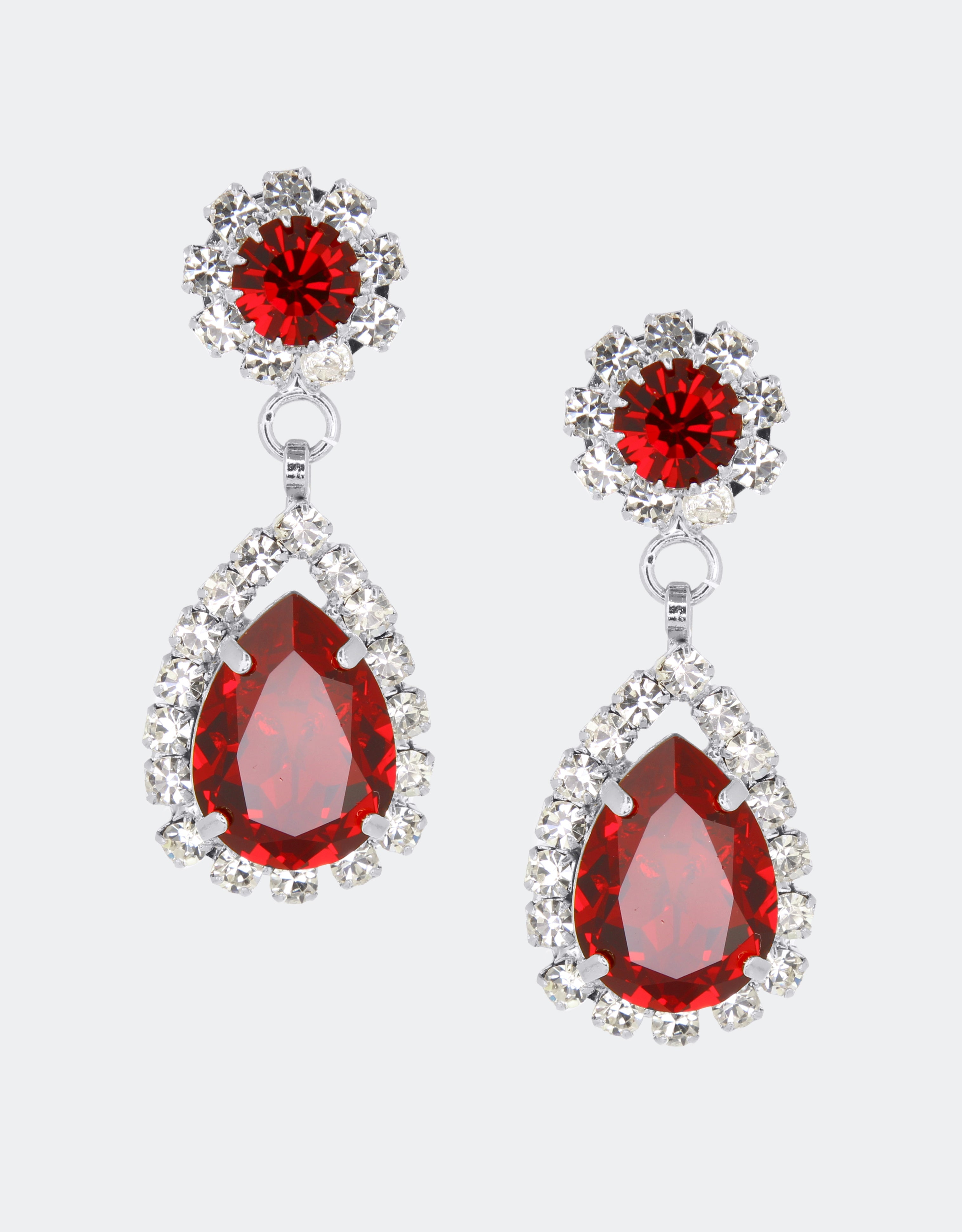 Selene Crystal Rosa pear drop earrings in ruby red crystal with silver setting – striking handcrafted jewellery with rich jewel-toned brilliance for evening and celebration wear.