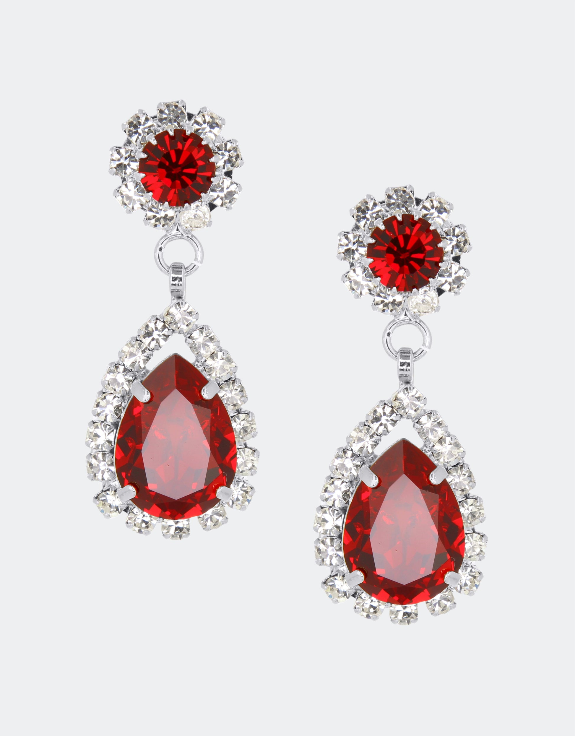 Selene Crystal Rosa pear drop earrings in ruby red crystal with silver setting – striking handcrafted jewellery with rich jewel-toned brilliance for evening and celebration wear.