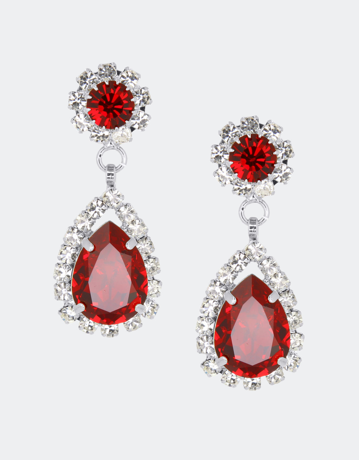 Selene Crystal Rosa pear drop earrings in ruby red crystal with silver setting – striking handcrafted jewellery with rich jewel-toned brilliance for evening and celebration wear.
