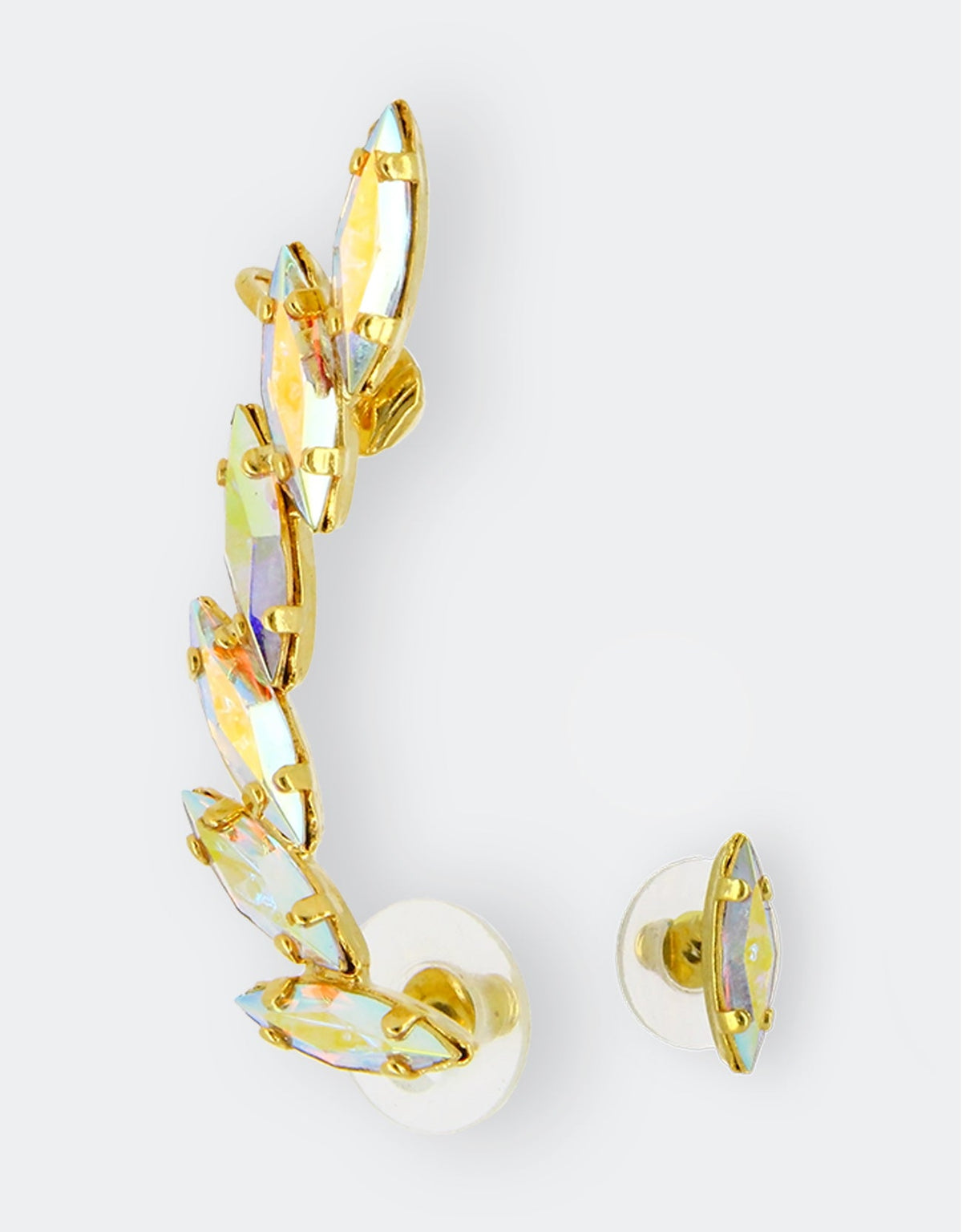 A single gold-colored ear cuff earring with marquise crystals attached to it.