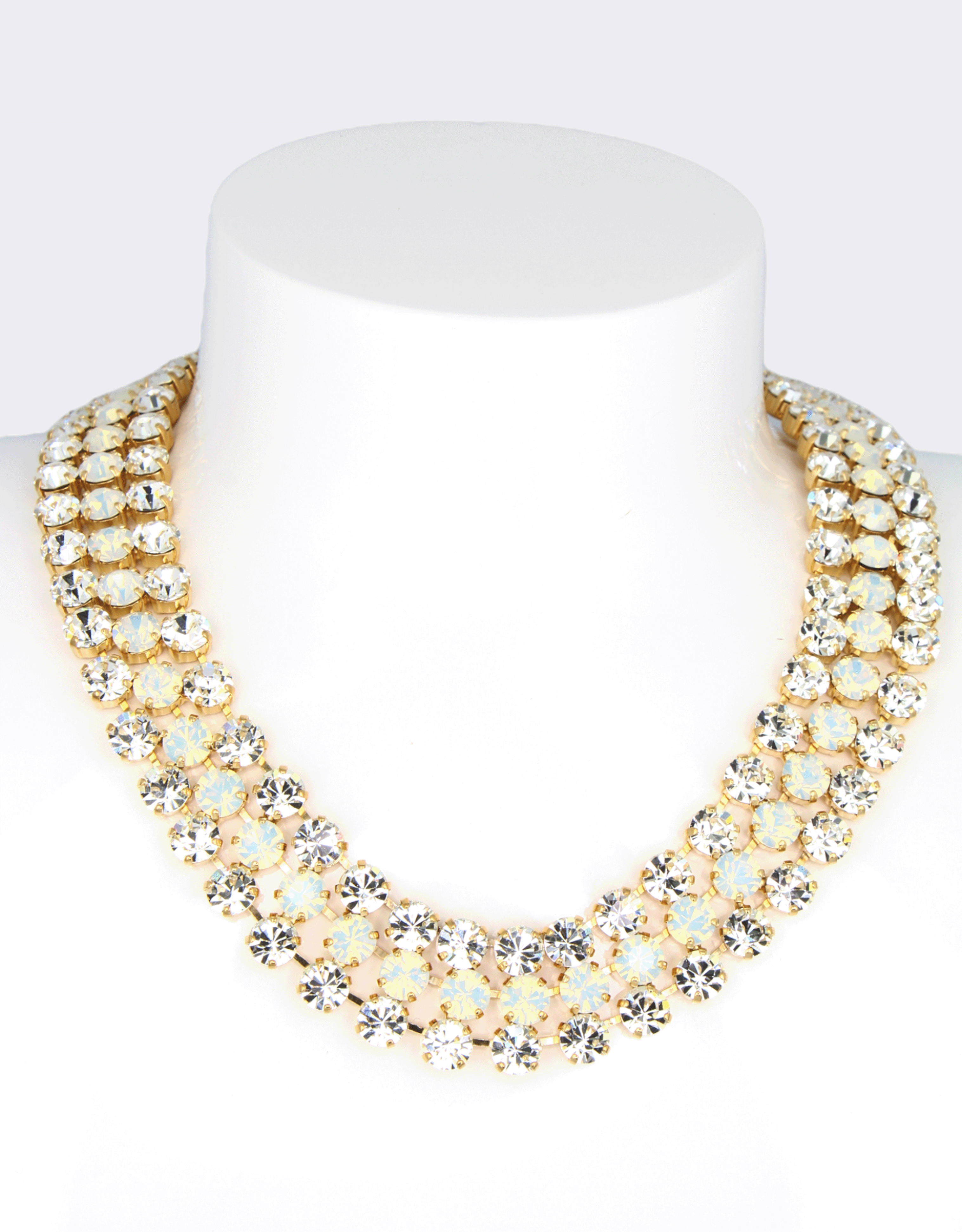 white crystal necklace with golden chain